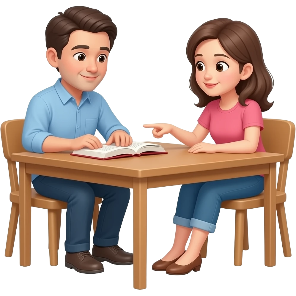one adult showing another adult how to read sitting at a table with one book on the table emoji
