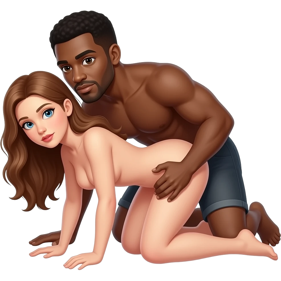 A nude white woman with brown hair on all fours having sex in doggystyle position with a black man emoji