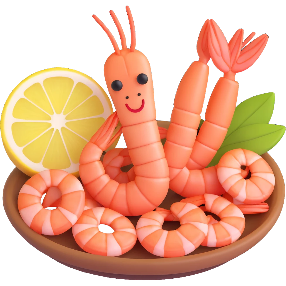 cooked shrimp, with lemon slice, 3D emoji style emoji