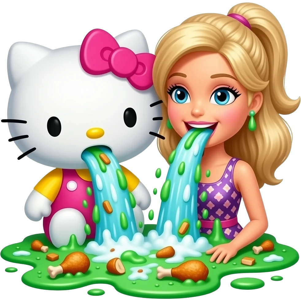 green and white, throwing up, Hello Kitty and Barbie dolls throwing up together, a lot, covering the ground in vomit, Niagara Falls coming out of her mouth, with bits of food in it, fried chicken drumsticks emoji