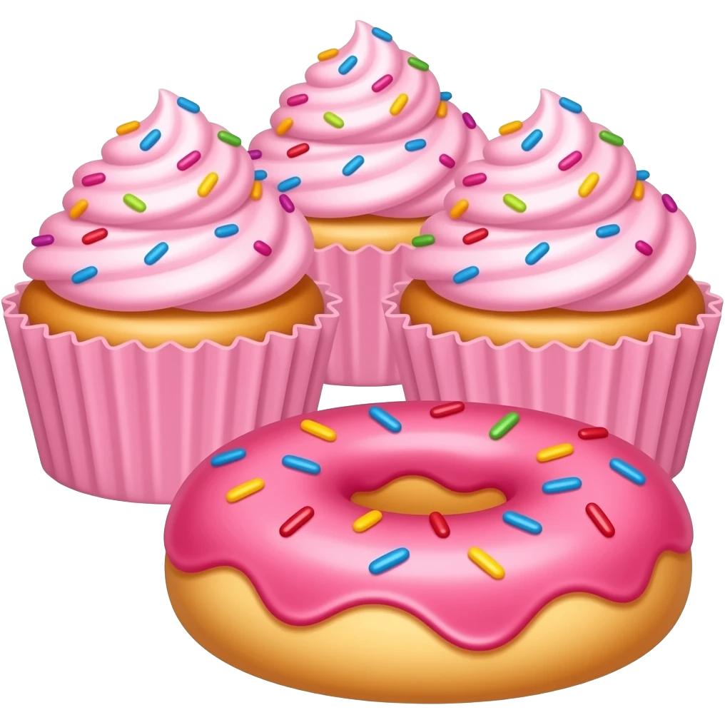 Vanilla cupcakes pink frosting and Sprinkles cupcake pink paper and donut in the foreground emoji