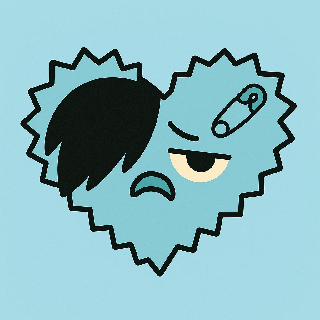 emo heart, jagged edges, pastel blue and black, small safety pin, modern emo aesthetic, pastel palette emoji