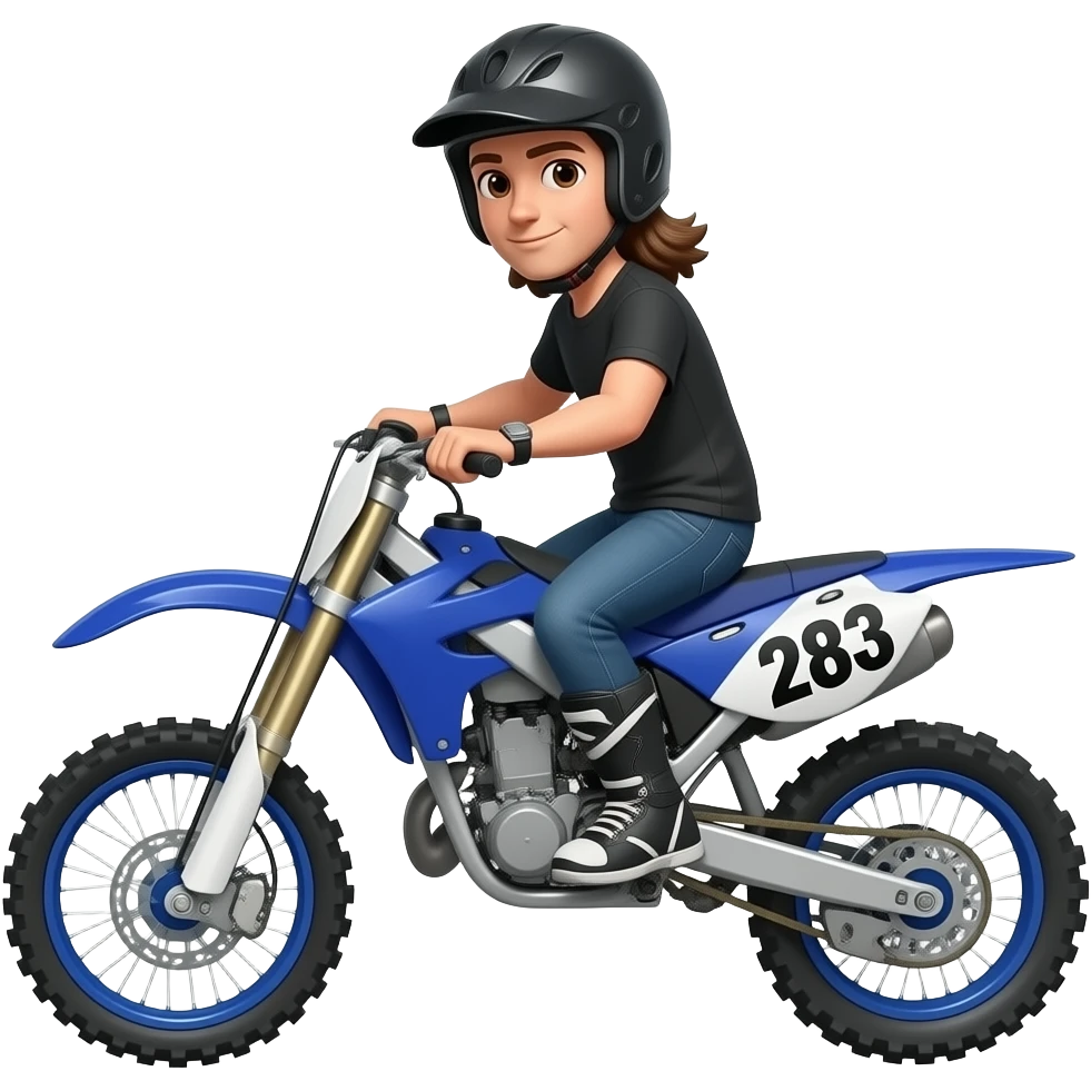 Guy on royal blue dirtbike with brown hair mullet and put 283 on the bike and make him have a helmet on emoji
