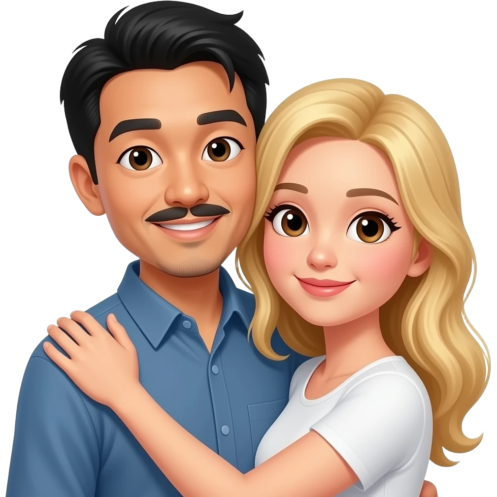 asian men with a small moustach and goatee and white woman with blond hair brown eye hug emoji