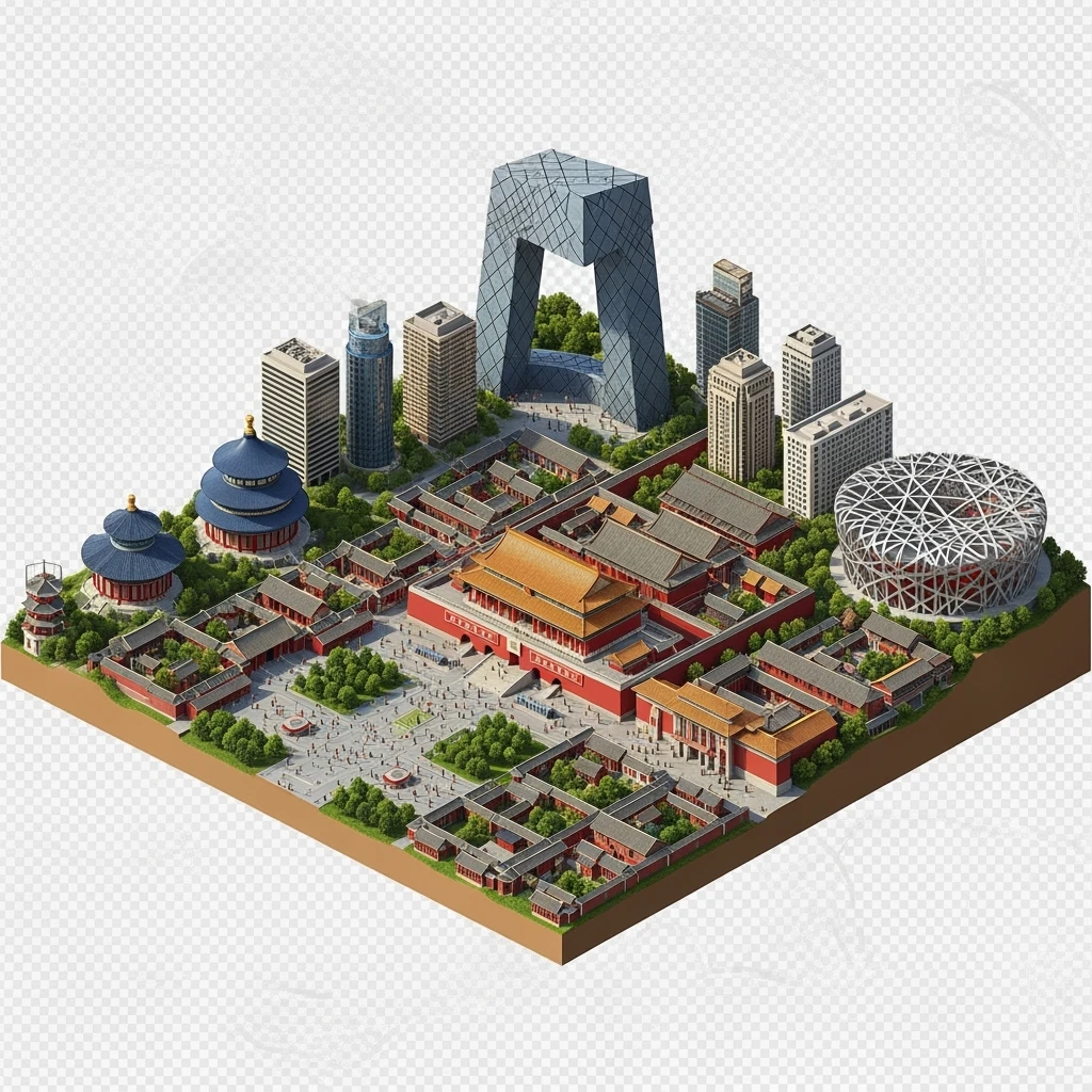 Isometric miniature of Beijing Forbidden City, Tiananmen Square, CCTV Headquarters, Temple of Heaven, Bird’s Nest Stadium and crowded hutong alleys, apartment blocks, 3D miniature effect and Tilt Shift effect, no cartoonish look, transparent background. emoji