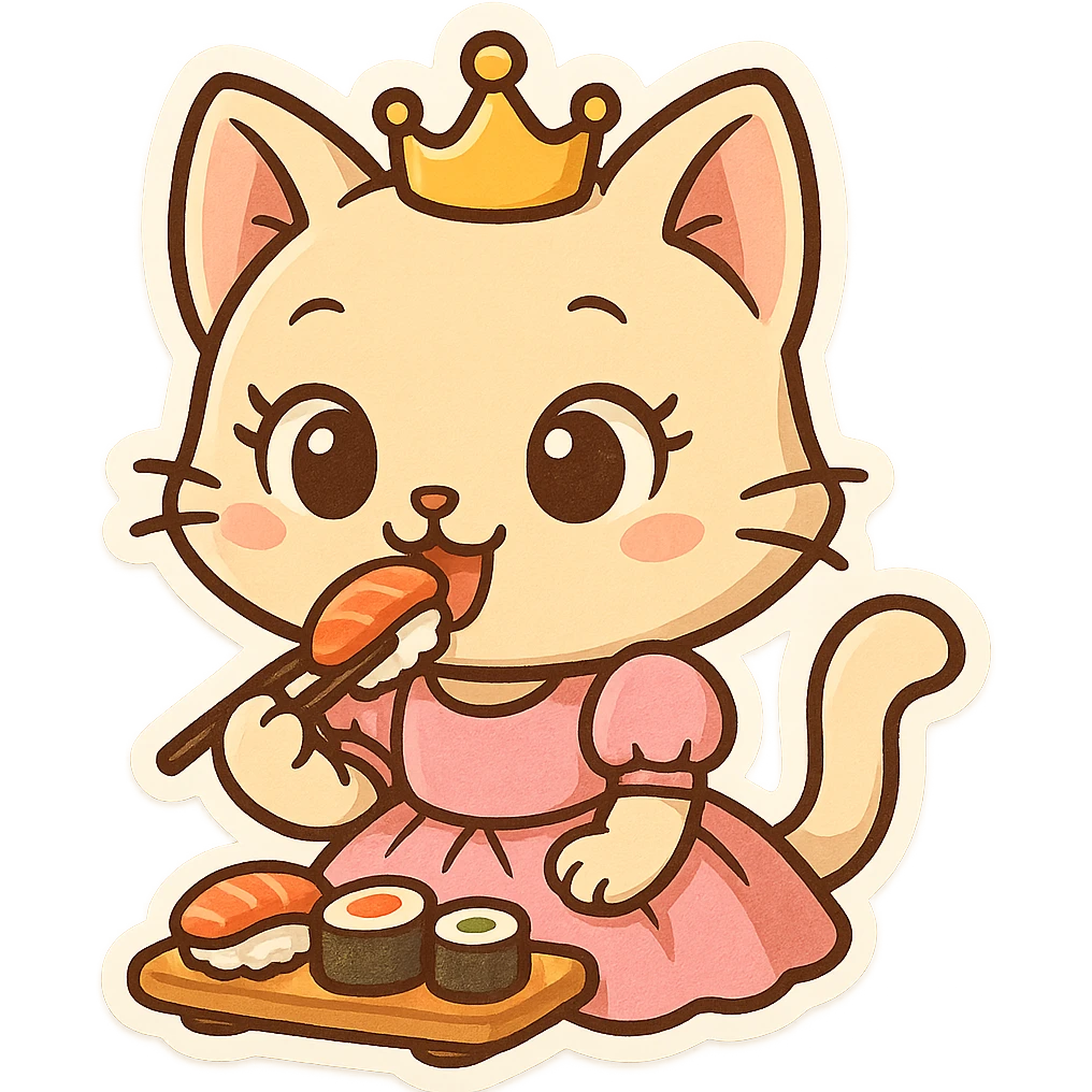 princess cat eating sushi, cartoon style, big eyes, playful, pink dress, whimsical emoji