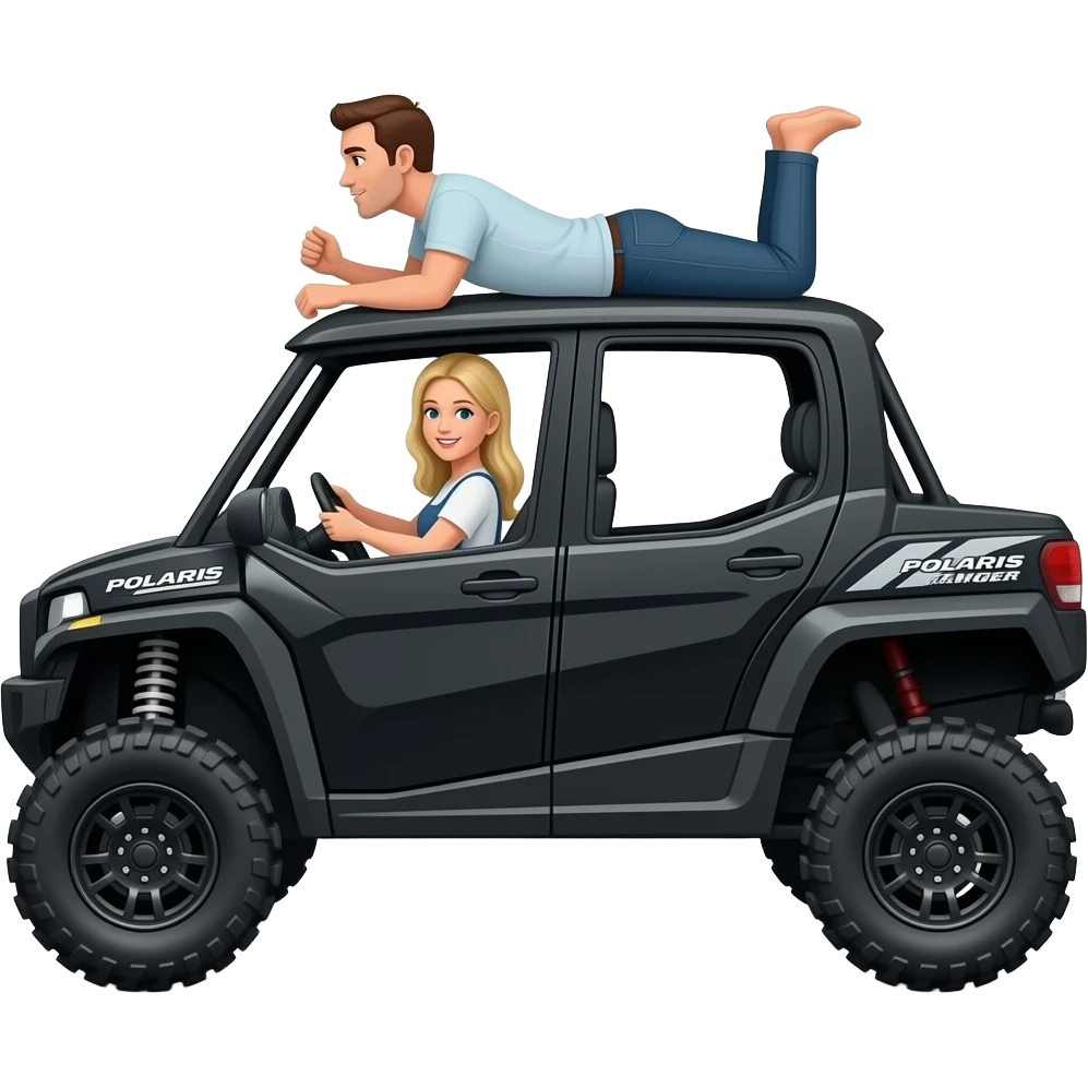 Black side view 4 door Polaris ranger sxs  lifted super high with mom (blonde) and driving  and dad laying on top of roof  on his belly playing emoji