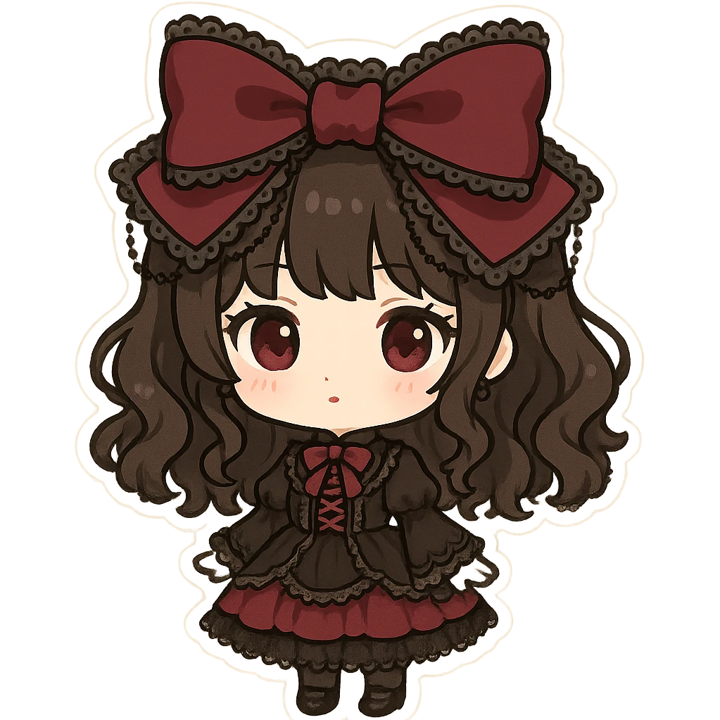 gothic lolita bow, ornate lace, black and crimson, delicate chains, Victorian influence, chibi style emoji