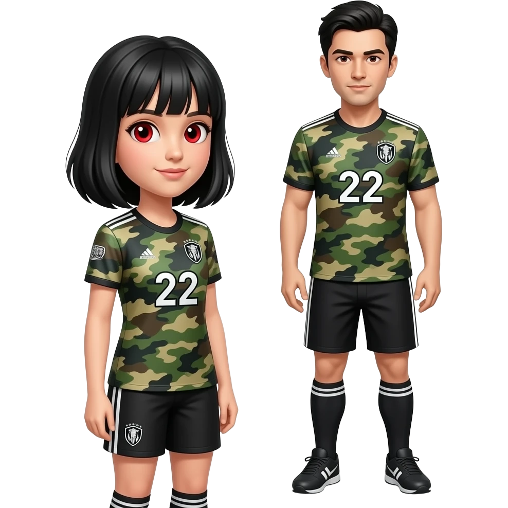 Girl with black hair red eyes and a camo soccer jersey standing with her back turned to a 22 year old with black hair who looks like her with red eyes wearing the same thing emoji