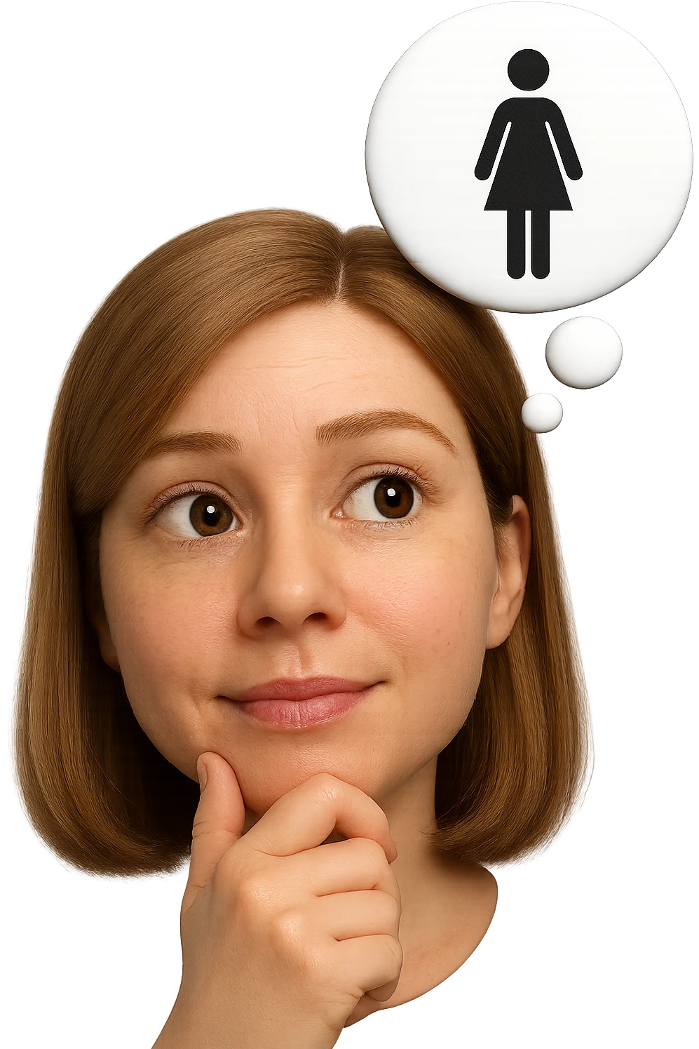 emoji stile iphone di una donna con nuvoletta di pensiero con all'interno la toilet per donne, iperrealistico 4k emoji
