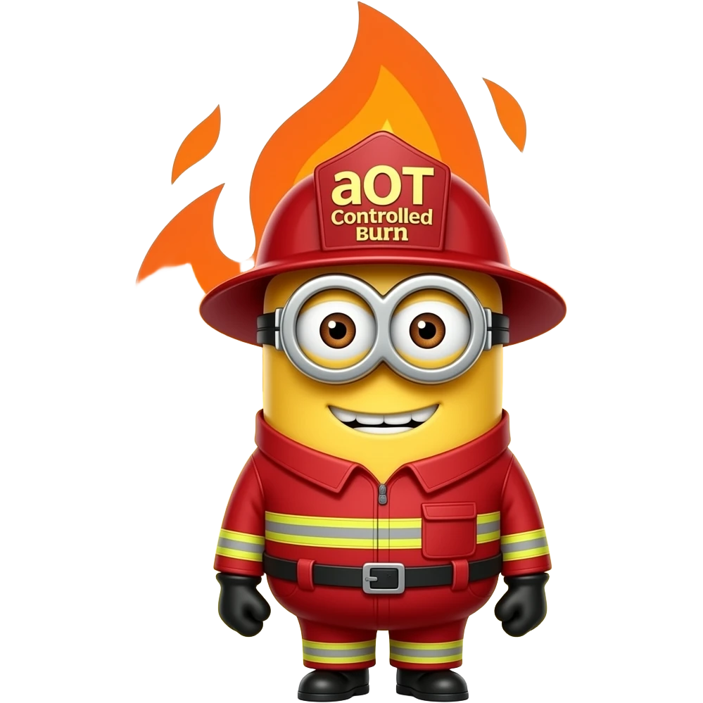 minion dressed as a  firefighter text aOT Controlled Burn on helmet flames in background emoji
