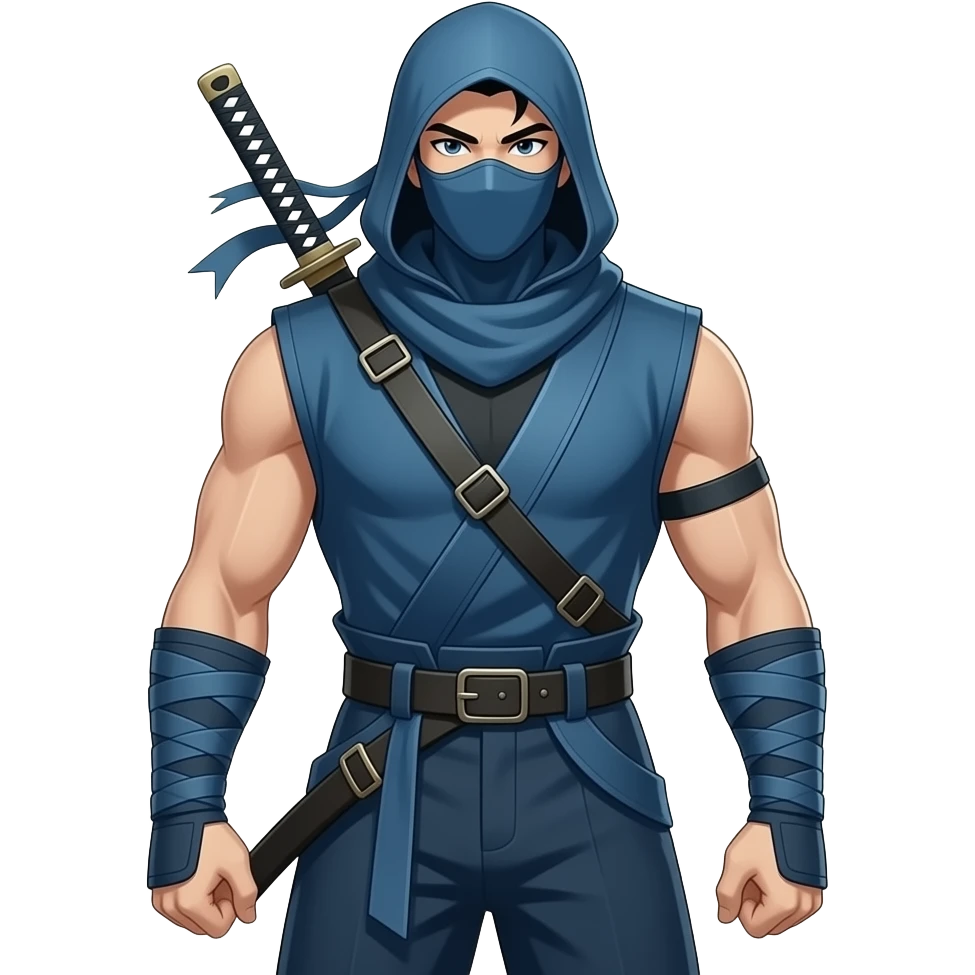 Anime Ninja all dark cyan with hood sleeveless cyan masks look superstrong and sword in back and ninja dark cyan pants very tall full body emoji