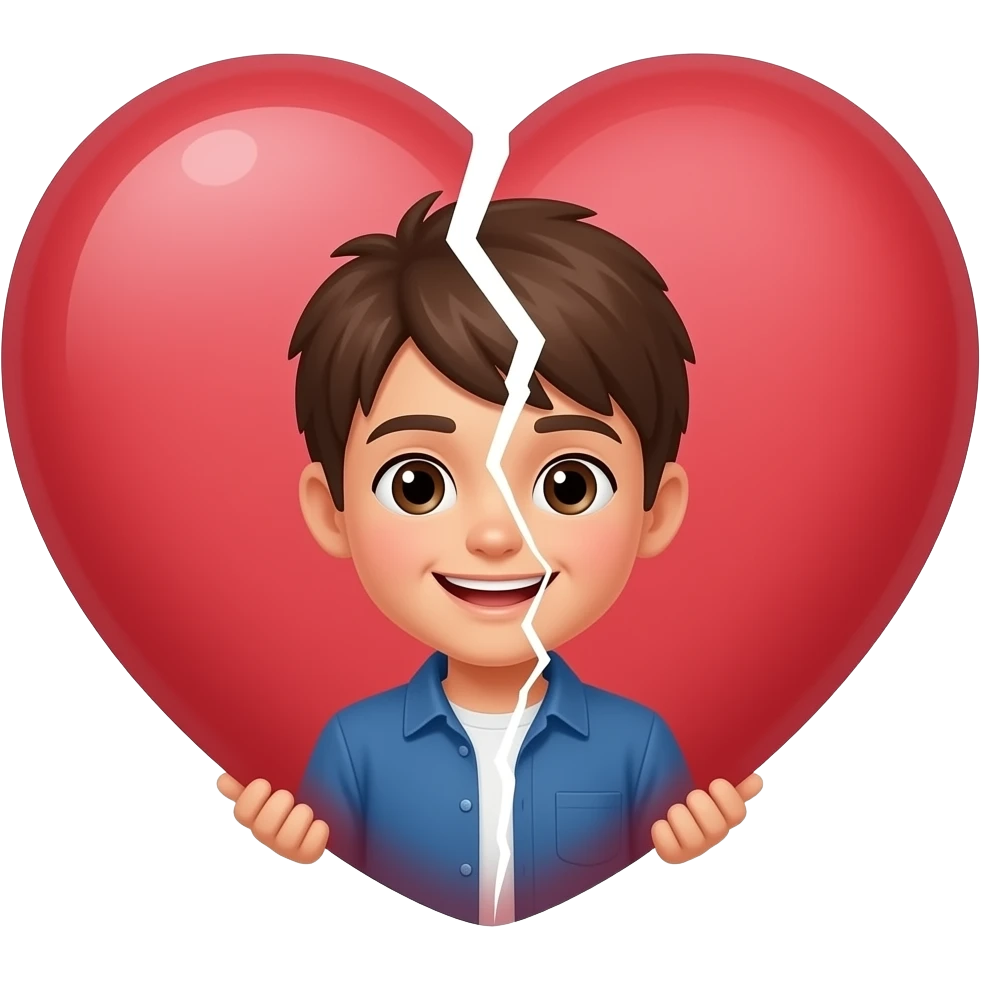 Boy holding the half of a heart emoji