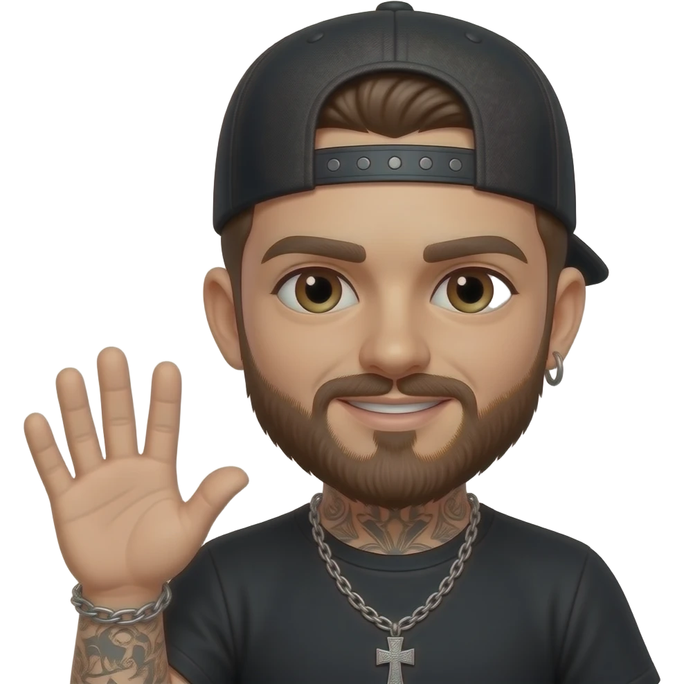 Brown eyes, rock-style cap (not reversed) with metallic clips on the cap visor , rock cross on the cap , black teeshirt, saying hi, no tattoo , no chain, short hair , brown beard, no withstand, saying hi with hand emoji