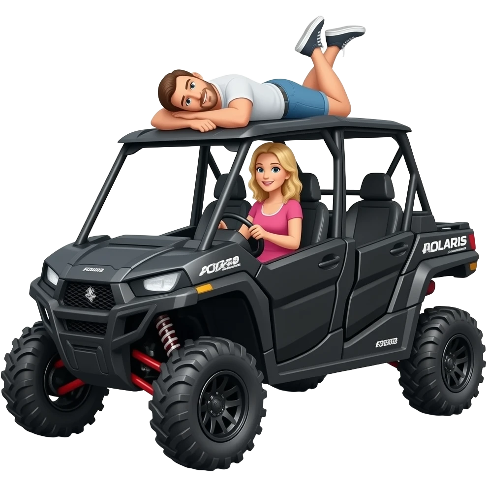 Black Utv 4 door Polaris ranger sxs  lifted super high with mom (blonde) and driving  and dad laying on top of roof  on his belly playing emoji