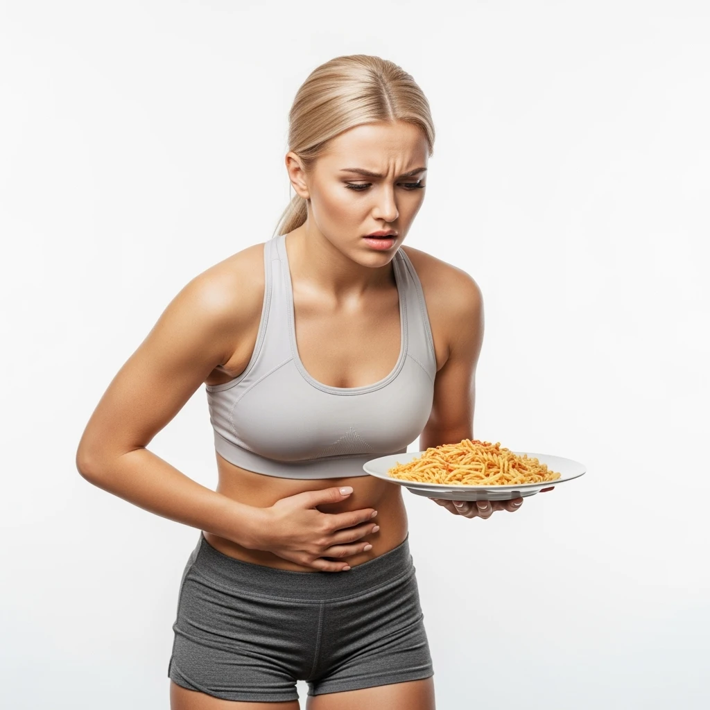 DONNA FITNESS CON PIATTO DI PASTA IN MANO E MAL DI PANCIA, FA FATICA A DIGERIRE, ISOLATA SU SFONDO BIANCO emoji