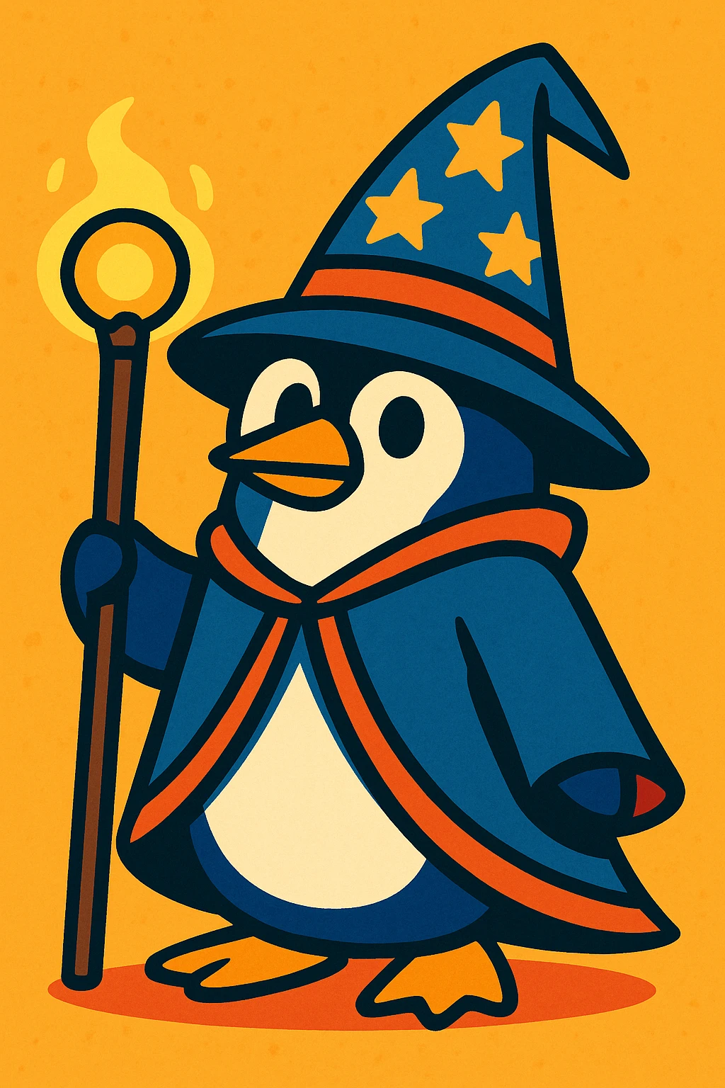 a penguin dressed as a wizard, with a pointy hat and a magic staff, vibrant cartoon style emoji