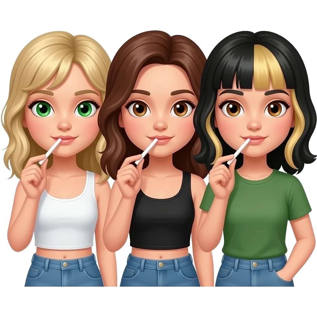 Three girls doing cocaine. One dirty blonde hair and green eyes with white tank top, one brunette hair, and one with brown eyes and black hair and blonde highlights in hair emoji