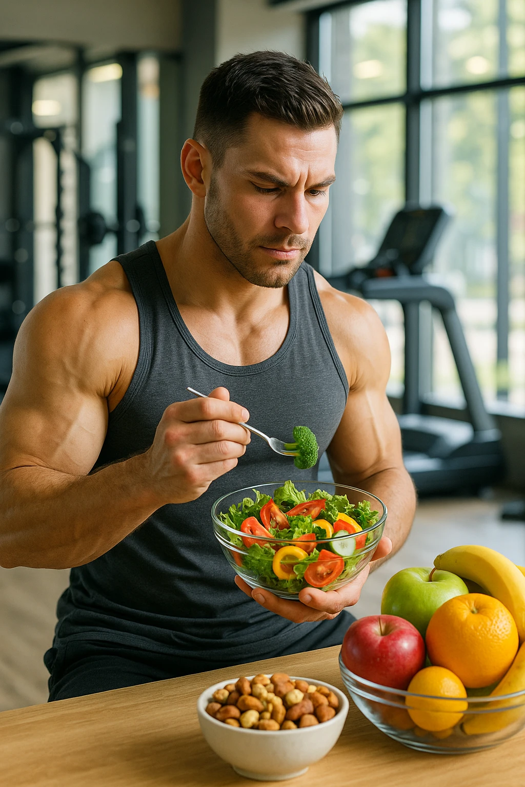 "Un uomo bodybuilder (30-35 anni) che migliora la sua composizione corporea e mangia sano emoji