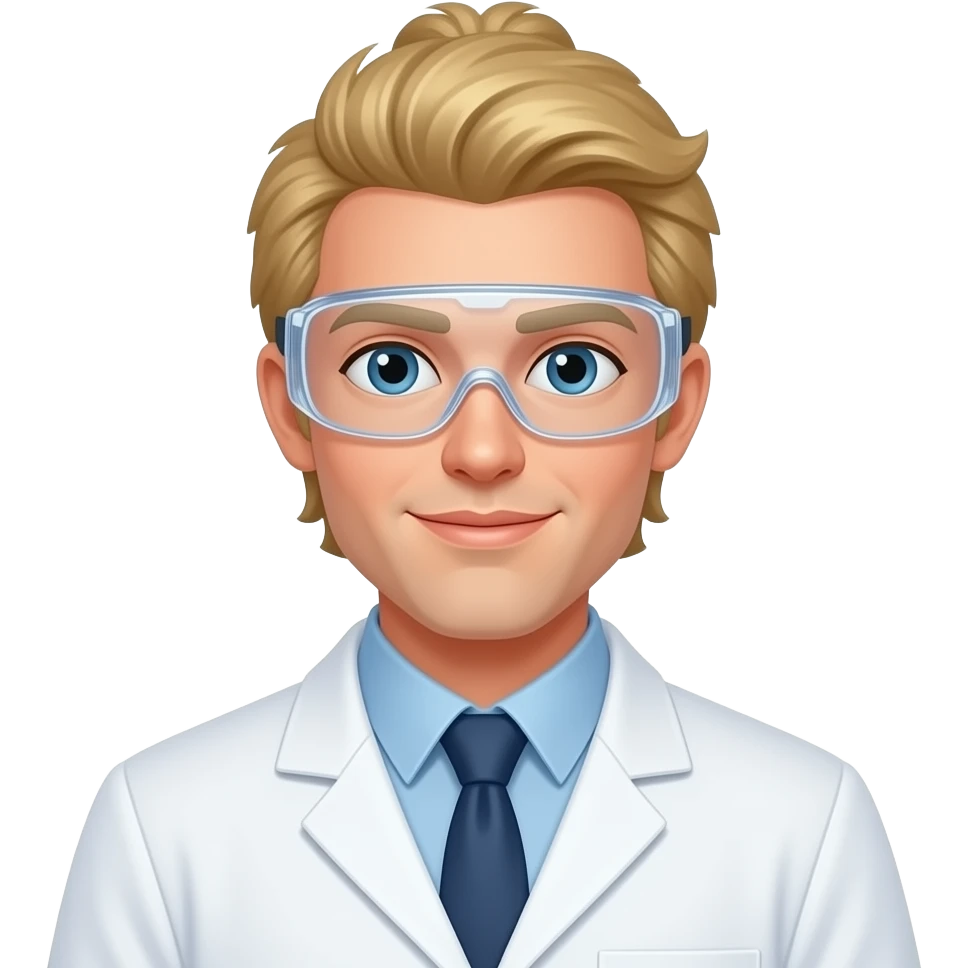 male, lab scientist, blonde, pony tail, long hair, goggles, no beard emoji