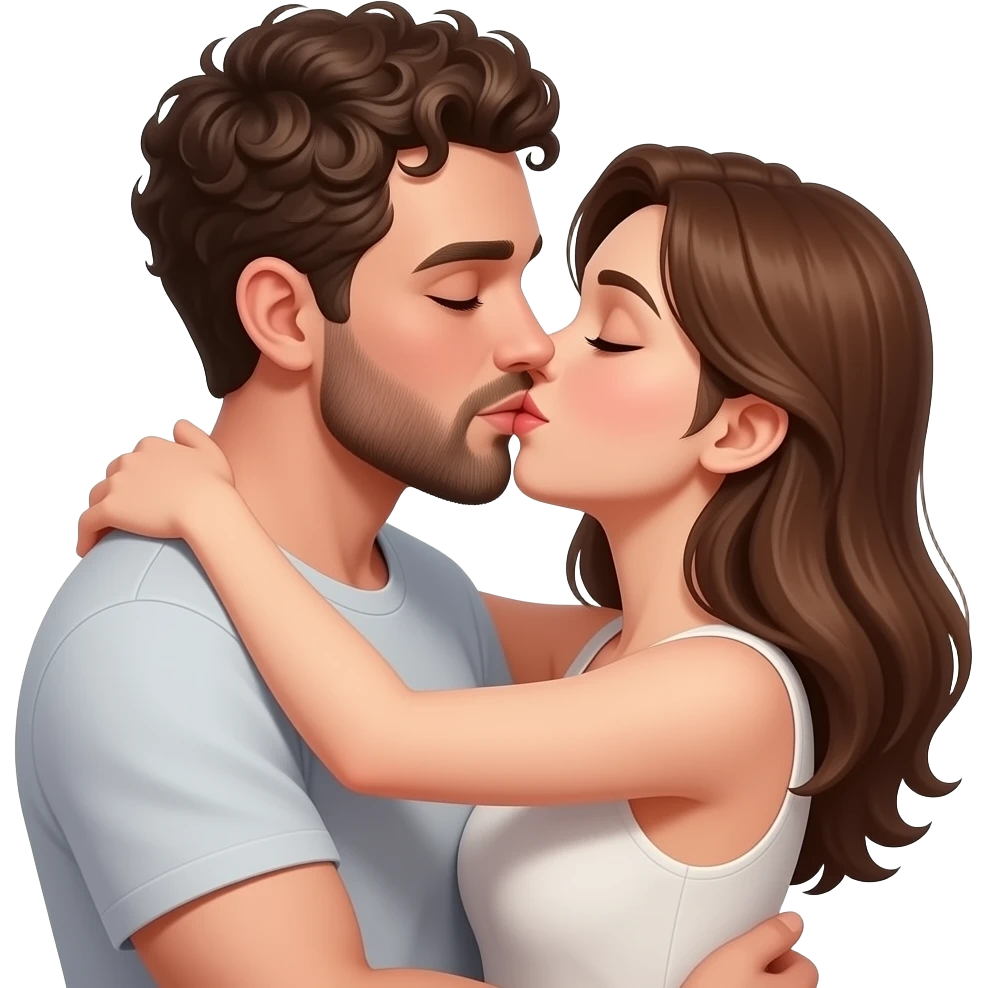 Realistic white skin man super short curly brown hair with beard kissing passionately and hugging realistic white girl brown hair emoji