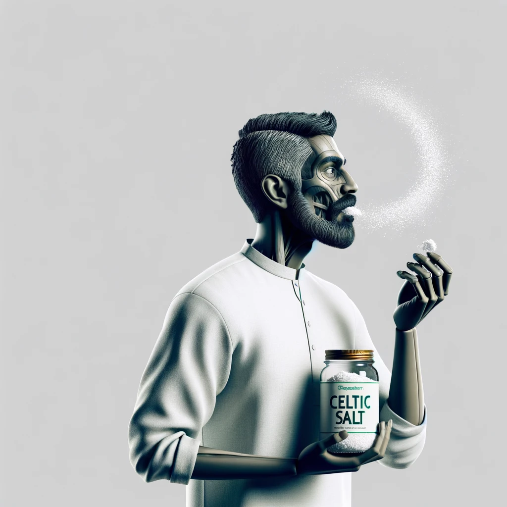 A REALISTIC ANATOMIC human body holding a jar with "CELTIC SALT" written on the label, he throws it in his mouth DURING BREAKFAST, NEUTRAL CLEAR BACKGROUND emoji