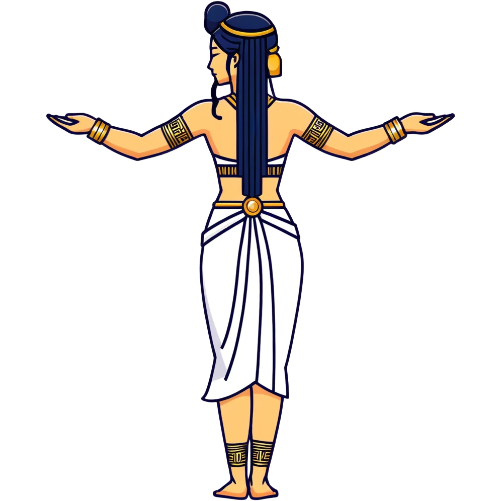 fullbody back view of Anunnaki goddess Inanna with braided long black hair, Ishtar gate symbols, completely exposed back with subtle Mesopotamian tattoos, and intricate gold jewelry on wrists and ankles emoji