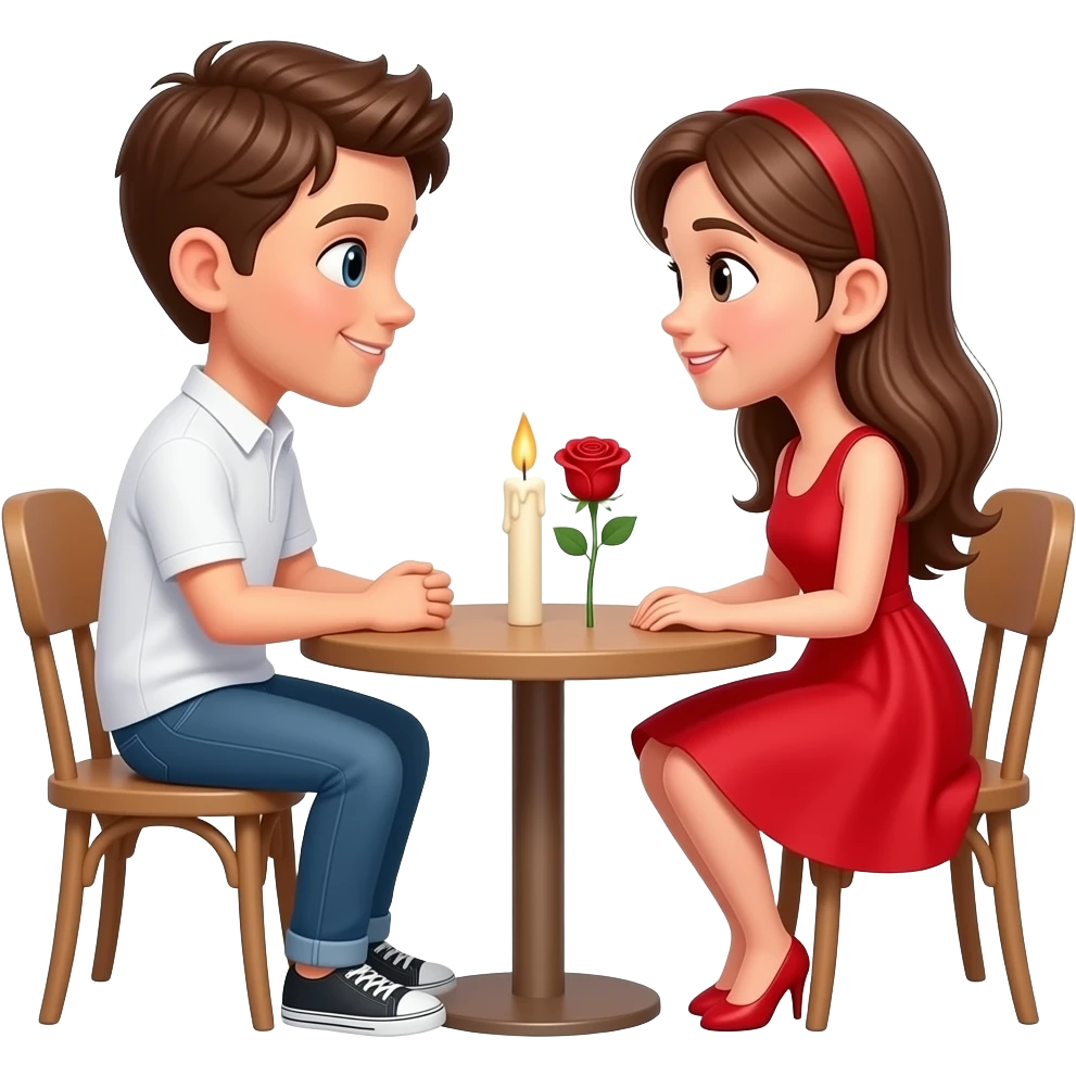 Doi oameni tineri stau la o masă mică, față în față. Un băiat cu păr șaten și cămașă albă și o fată cu păr lung și rochie roșie. Pe masă este o lumânare aprinsă și un trandafir. Ei zâmbesc și se privesc în ochi, într-o atmosferă romantică de Valentine’s Day emoji