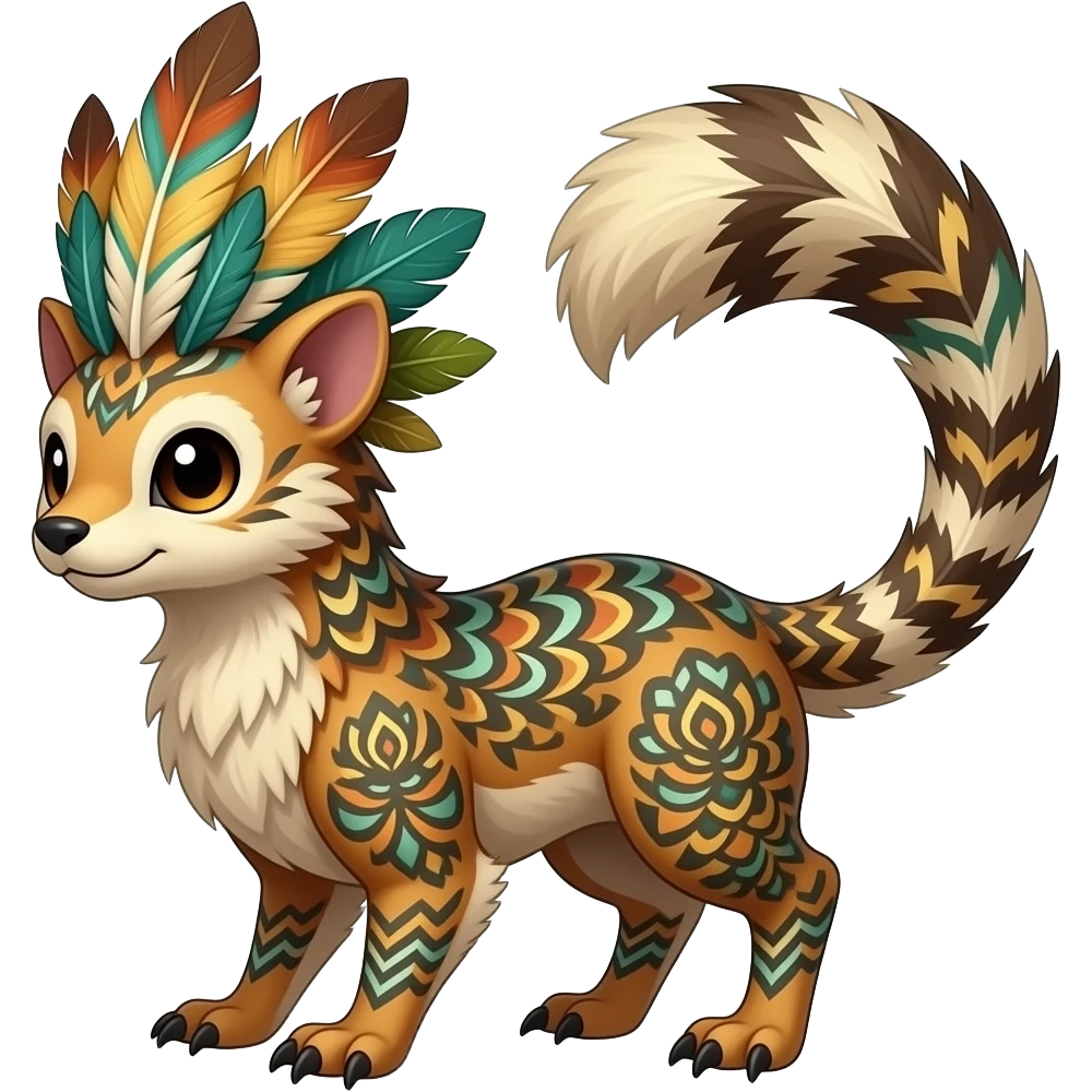 Tribal-patterned aboriginal majestic feathery elegant realistic stylish Furry, fluffy feathery tropical painted scaly, dark-brown, sanguine-red, blue, white, black, Minccino-Bambino-Linoone-Zangoose-fusion-hybrid-animal-Fakémon-creature, full body, thin long sleek tufted tail, intricate markings emoji