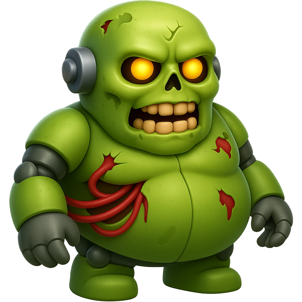 Create a fat zombie robot terminator in apple emoji style, 3/4 view, with no background. The style should mimic apple style emojis with no background. emoji