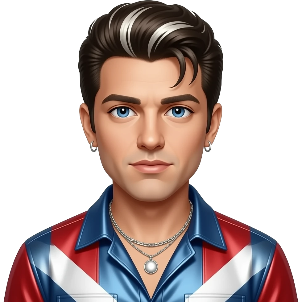 Vanilla Ice with white skin, blue eyes, dark blonde elvis hair with platinum blonde streaks, red, white and blue metallic shirt, silver necklace and short earrings emoji
