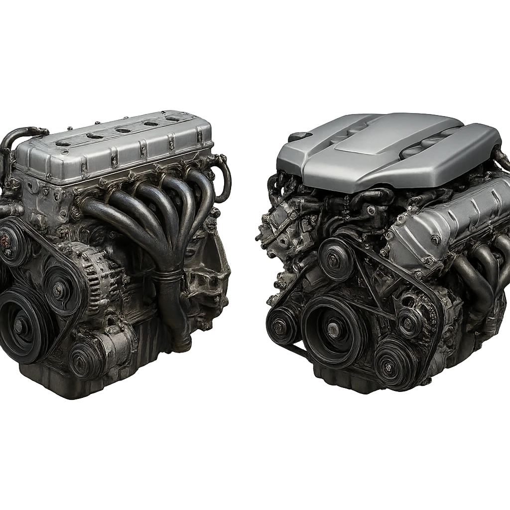 realistic 6-cylinder inline engine and a V6 engine side by side, detailed, metallic, no background emoji