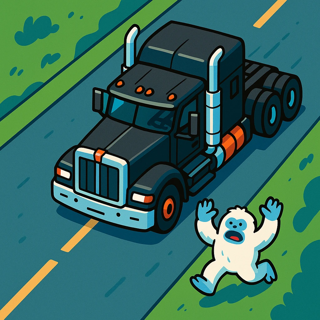 top-down view of a black 2026 Kenworth W680 flat top semi sleeper truck with tall chrome stacks chasing a much smaller abominable snowman down a road, vibrant toon style, clear details, no text emoji