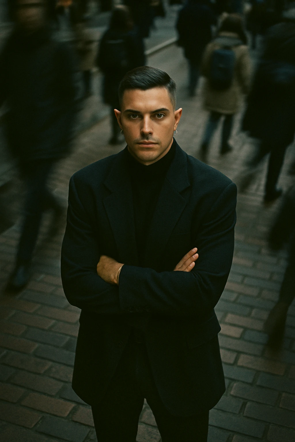 overhead shot of me standing still on a brick city sidewalk, wearing a dark oversized blazer,
motion-blurred crowd rushes past around me. Moody lighting, 35mm film look, shallow depth of field, sharp focus on me. emoji