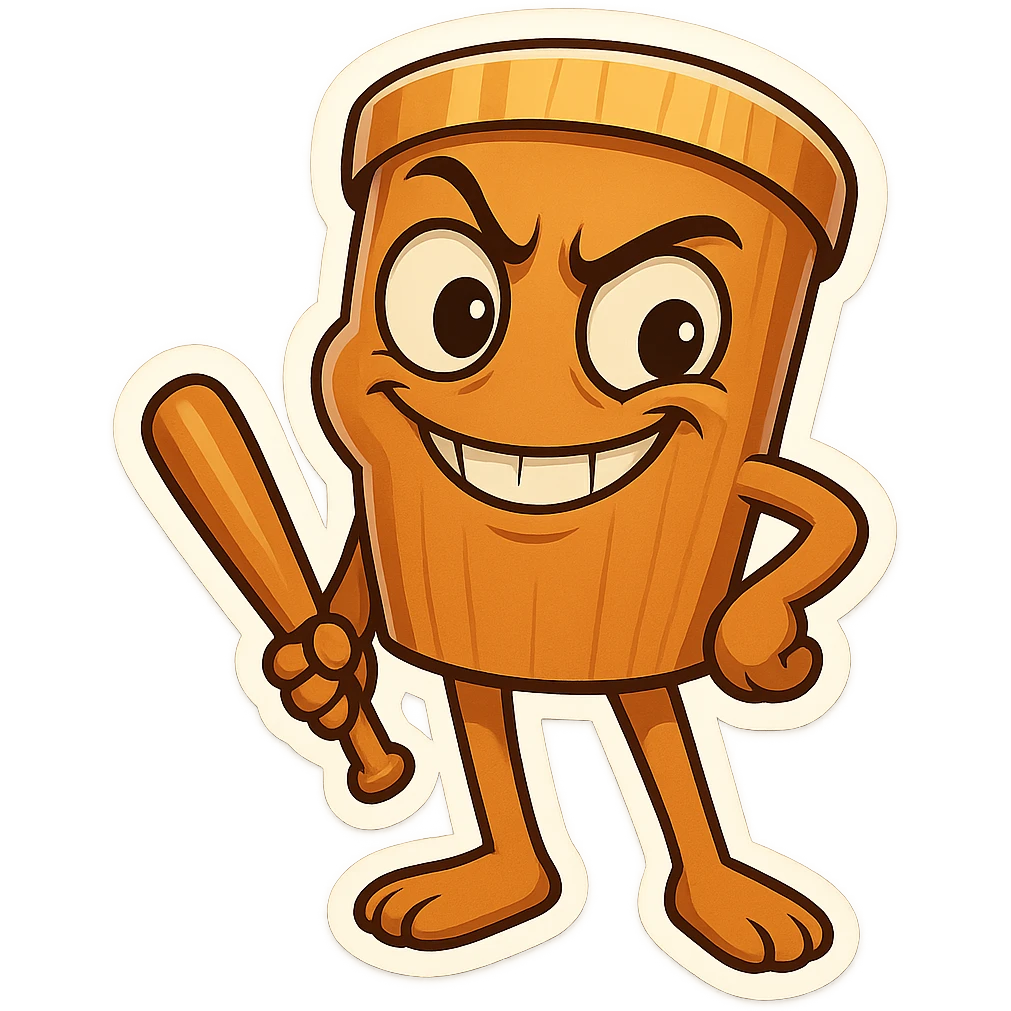 chibi emoji of Tun Tun Suhoor, wooden stick body with smooth brown texture, drum-like cylindrical body, holding baseball bat, cartoon style, bright vivid colors, expressive face, dynamic pose, a bit creepy yet funny,  emoji