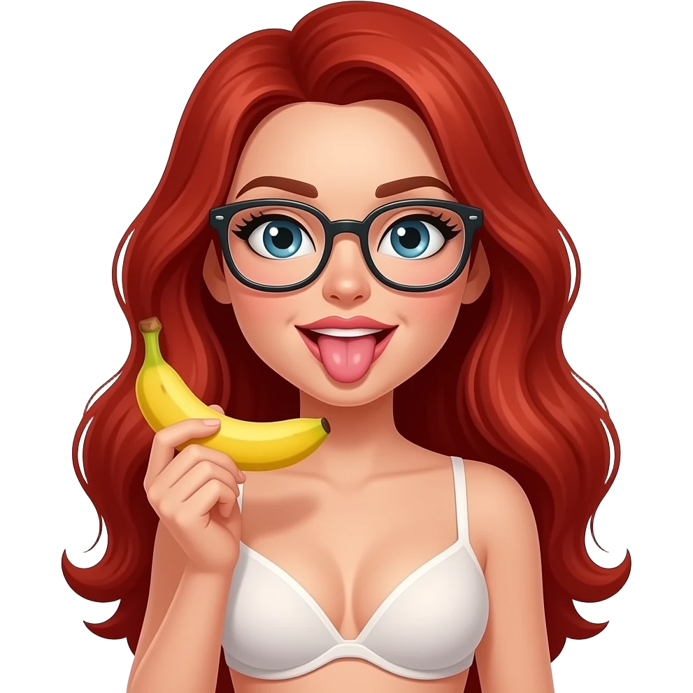 lei capelli rossi lunghi con occhiali, lecca una banana in modo sensuale con la lingua mentre lecca in reggiseno sexy emoji