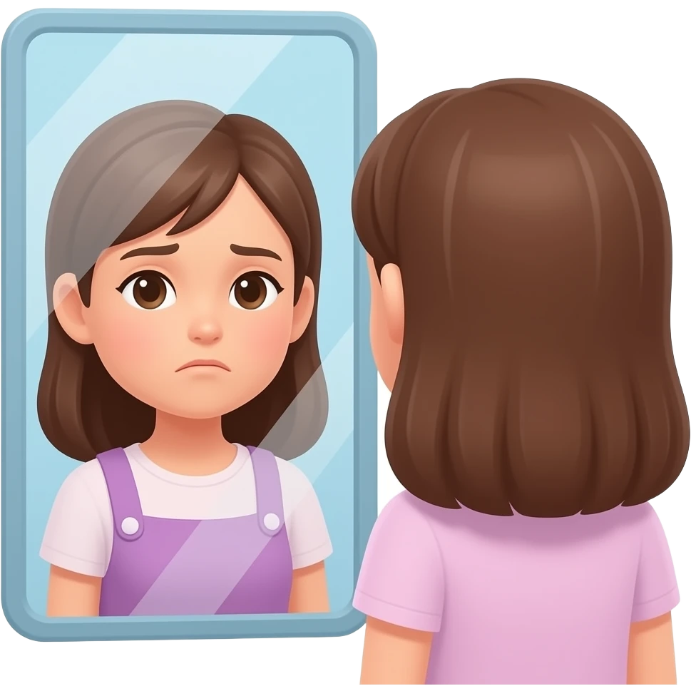 mirror reflection showing little girl transforming into adult woman, emotional and symbolic, serious expressions, soft glow, minimalist flat design, consistent style, same character design, no background emoji
