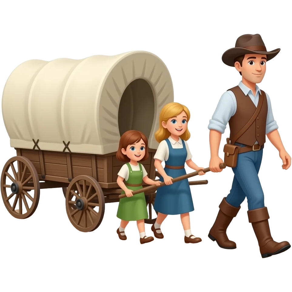 family pulling pioneer handcart on trail emoji