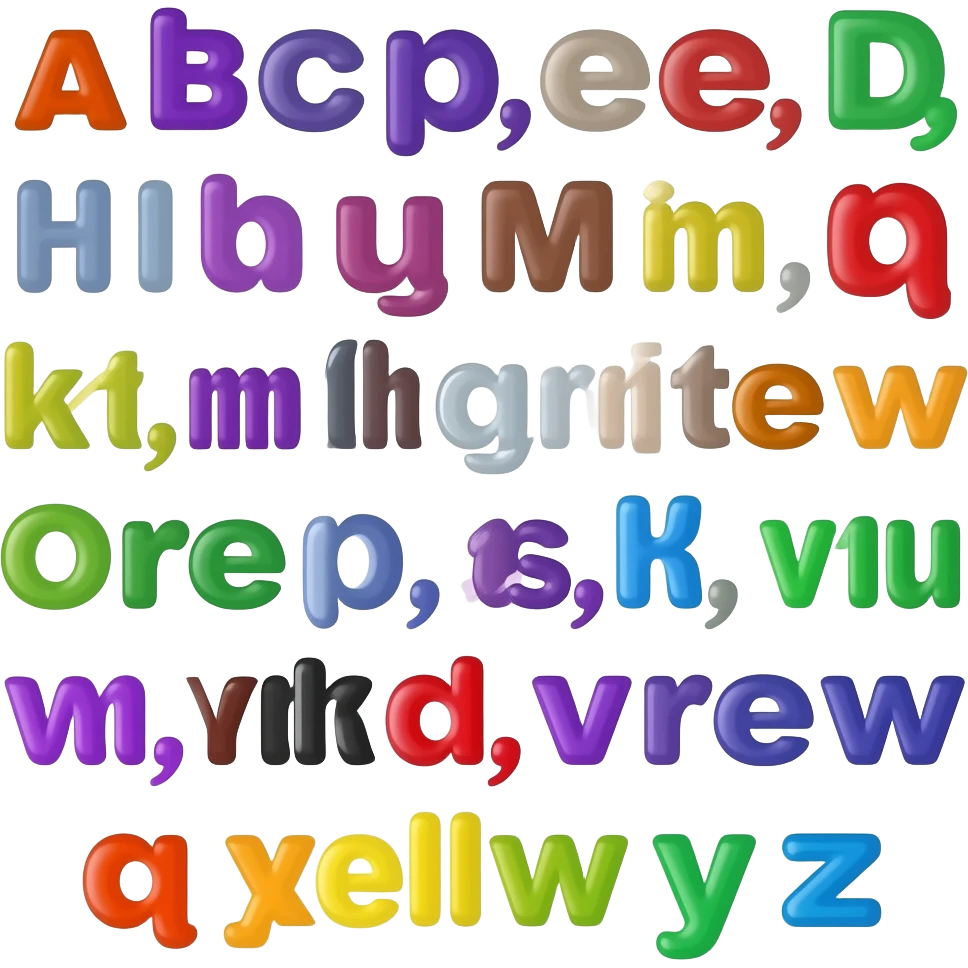 Alphabet Orange a, purple b, red c, green d, purple e, purple f, brown g, yellow h, white i, red j, yellow k, black l, purple m, yellow n, green o, purple p, blue q, yellow r, purple s, black t, red u, purple v, orange w, yellow x, green y, and blue z emoji
