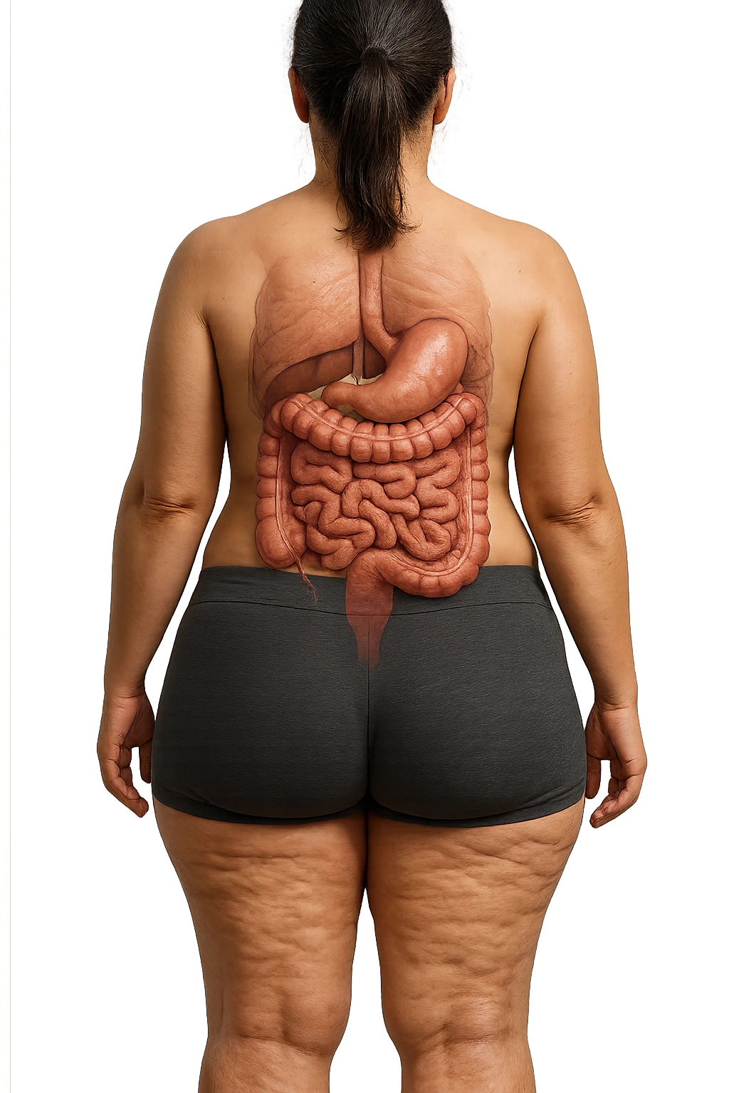 una donna di spalle a figura intera in gym shorts con cellulite e intestino umano anatomico, iperrealistica 4k
 emoji