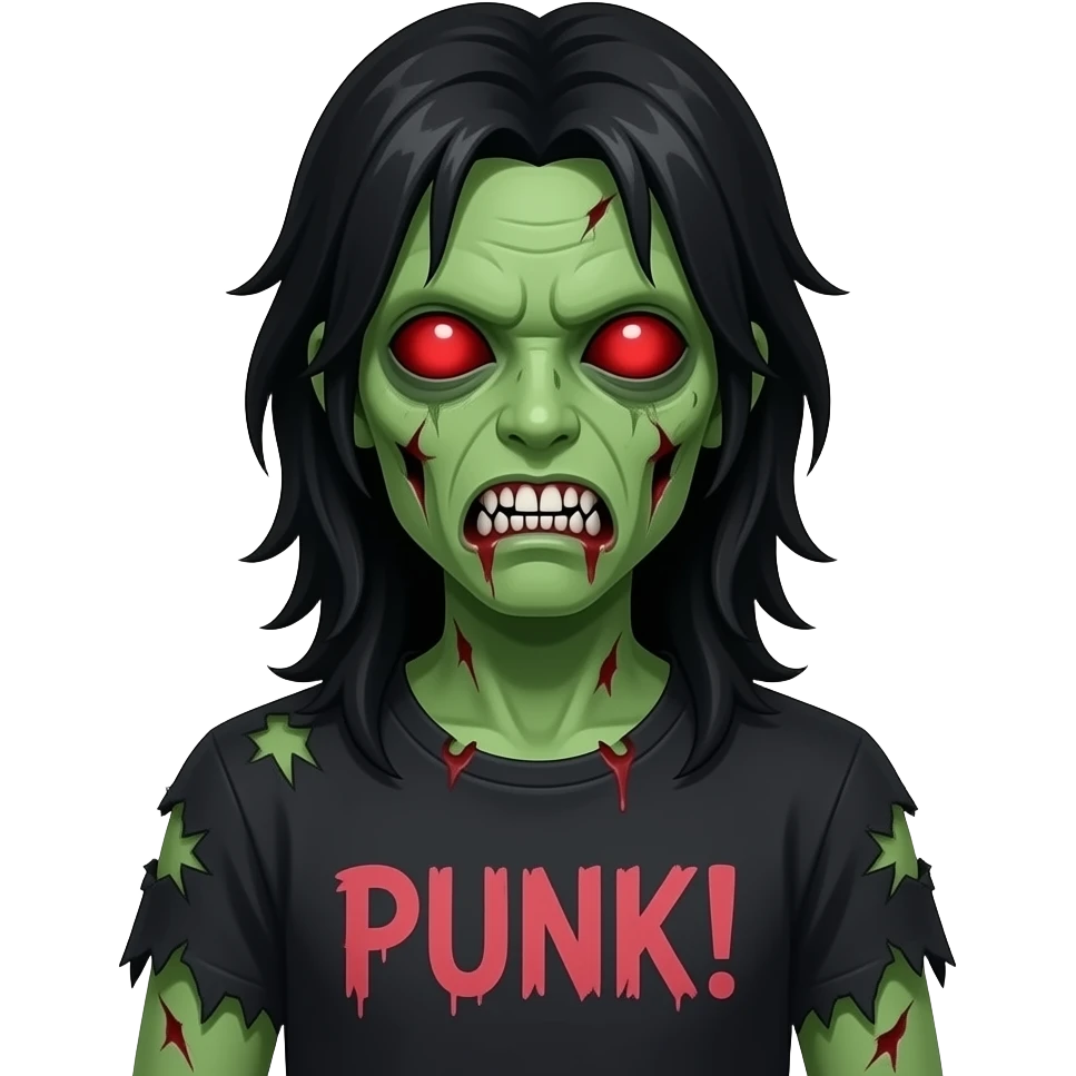 green zombie long black hair w braces and red eyes and shirt that says “punk! ” emoji