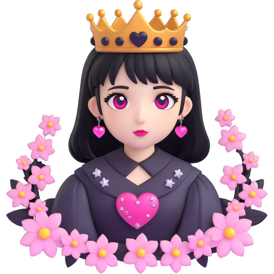 goth sakura heart, black heart with a sakura crown and sparkling accents, regal and enchanting emoji