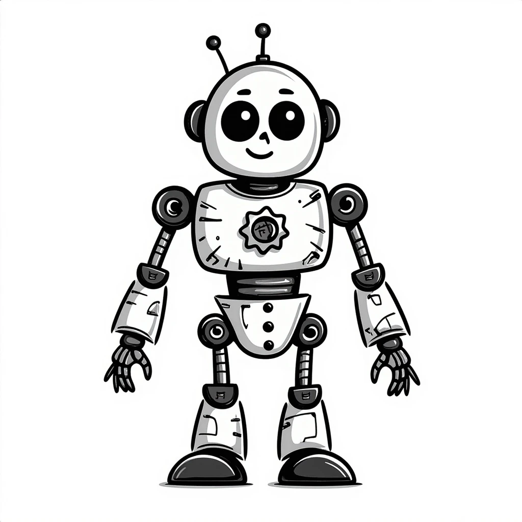 A detailed robot in the style of a black and white doodle, with intricate line work and a hand-drawn feel. emoji