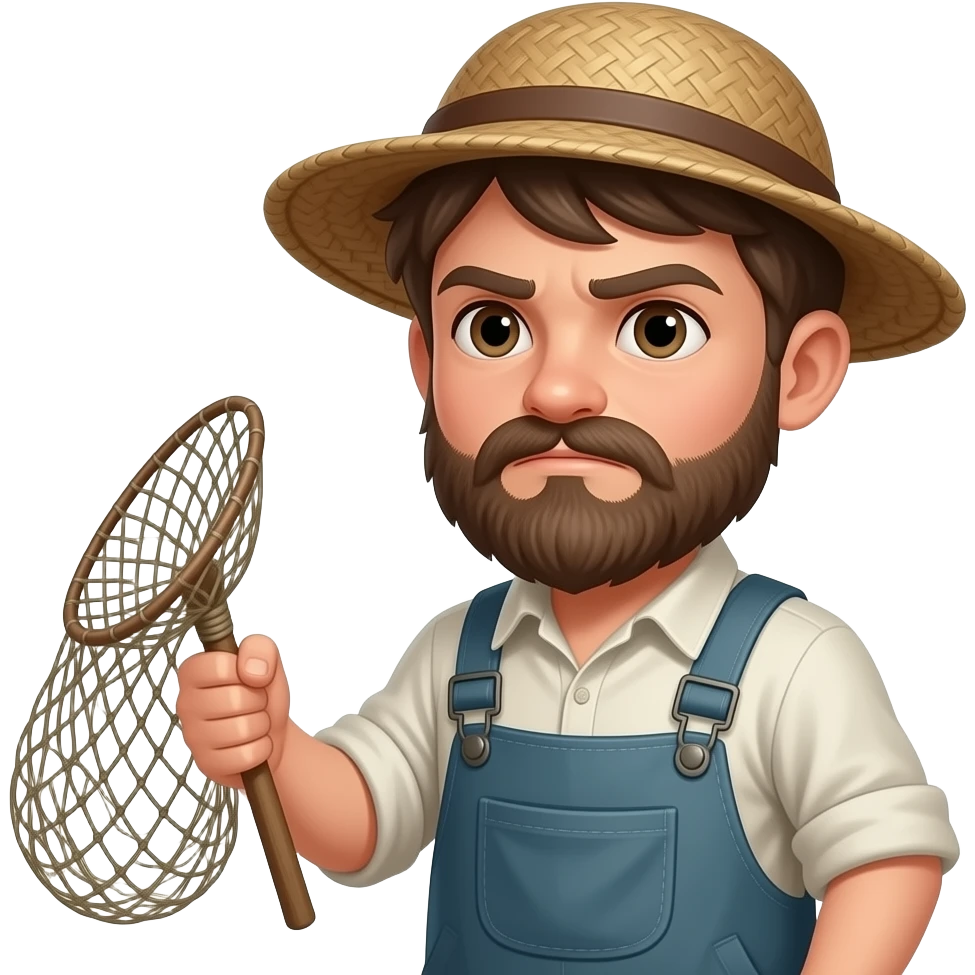 young boy with beard wear fisher clothes and holding fisher net emoji