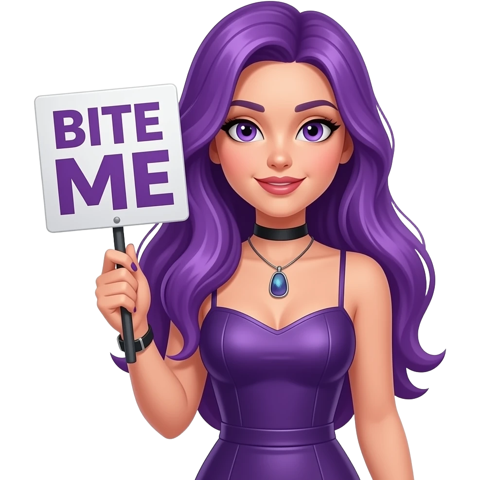 sexy girl with long purple hair and purple eyes wearing a dress holding a BITE ME sign emoji