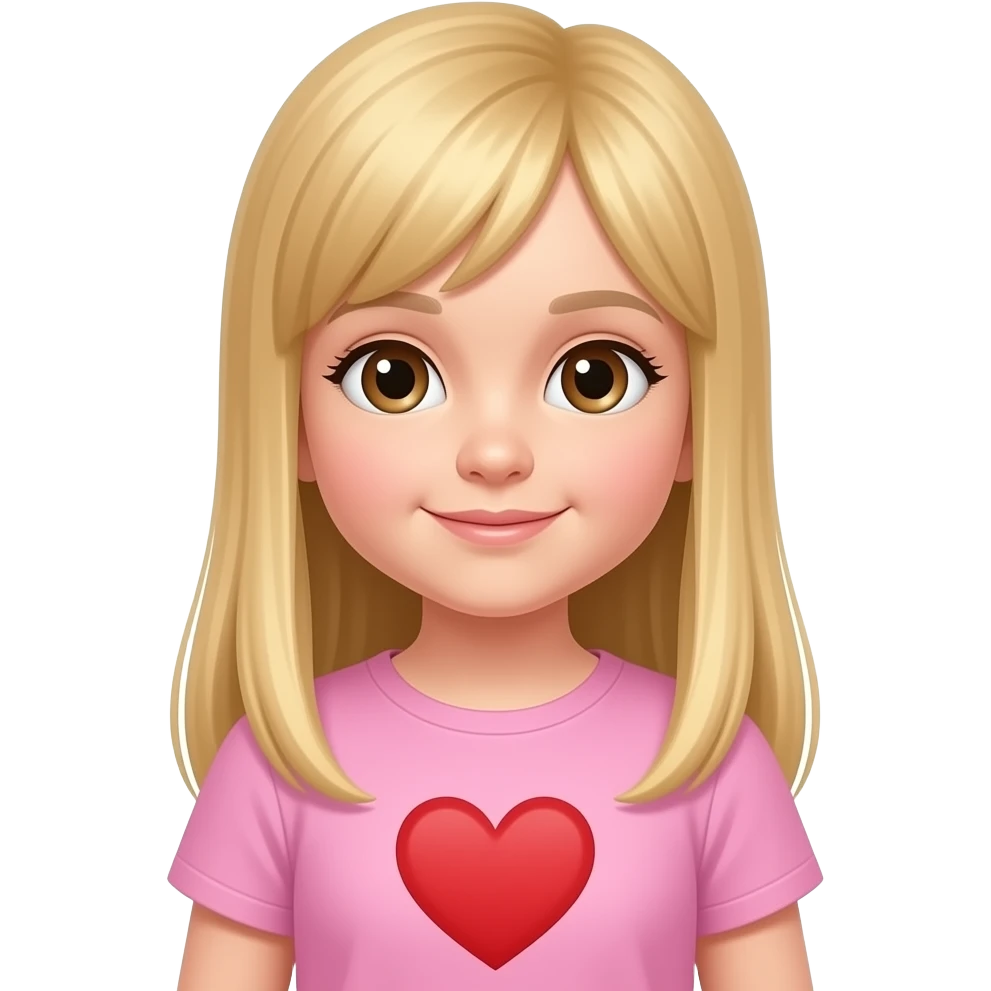 Stunning little 3 year old girl long blonde straight hair no bangs brown eyes pink tshirt red heart emoji