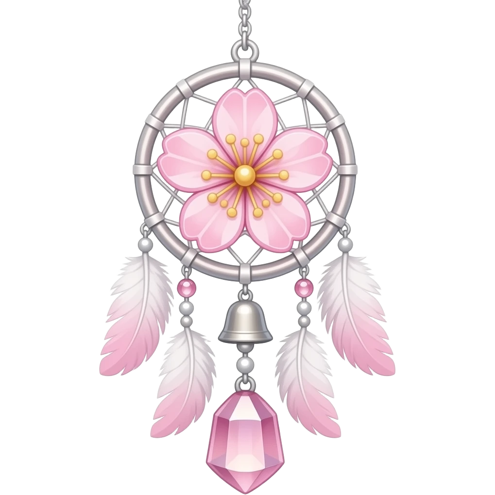 Hanging Iridescent pastel pink sakura crystals white-pearly suncatcher dreamcatcher with bells and feathers emoji