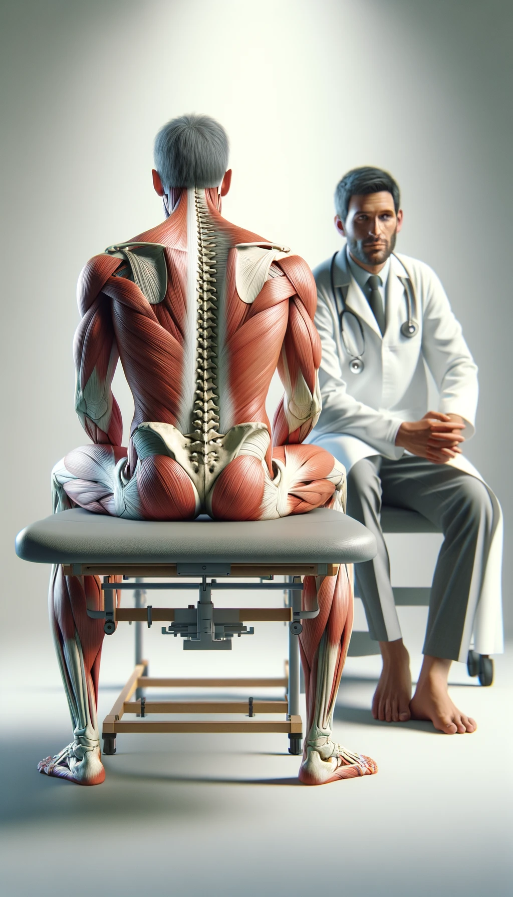 CORPO UMANO ANATOMICO seduto su un lettino da fisioterapista, davanti a lui c'è un uomo in camice bianco di spalle all'inquadratura SFONDO CHIARO NEUTRO, IPERREALISTICO 4K emoji