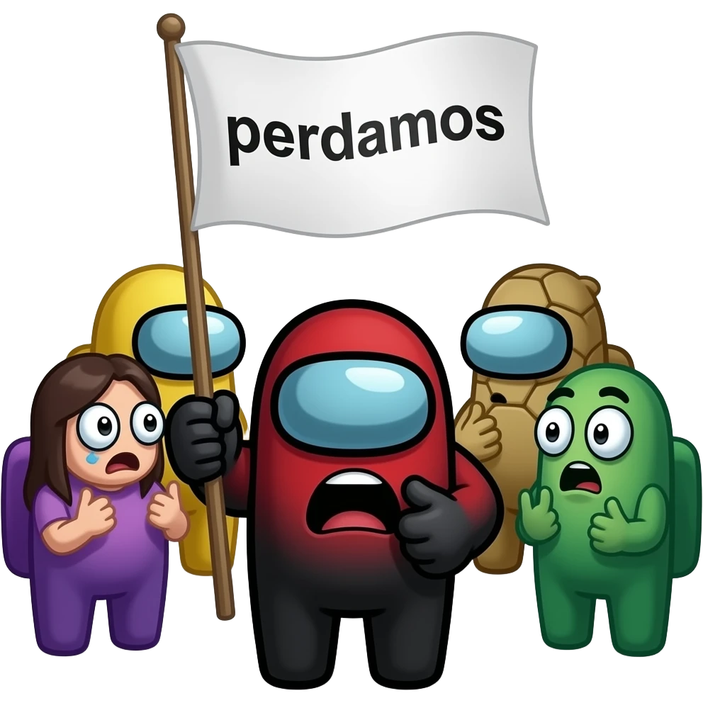 Among us tripulante matando o impostor é os outros tripulantes chocados é surpresos com uma bandeira branca escrita perdemo emoji