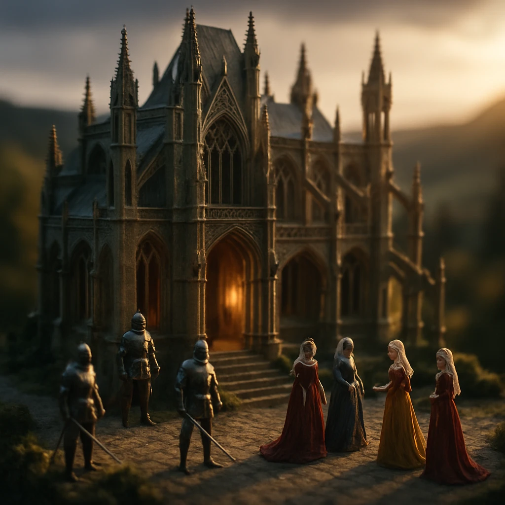 3D tilt-shift diorama of a medieval Gothic palace with knights and elegant ladies, dramatic cinematic lighting, epic atmosphere, blurred natural landscape in the background emoji